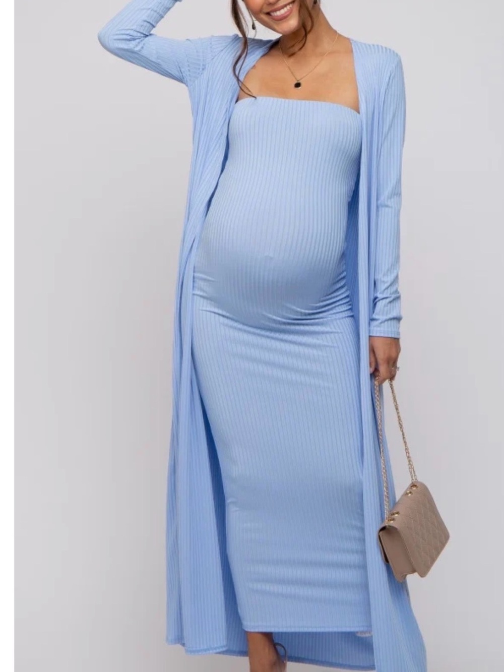 Maternity- Light Blue Ribbed Women's Cardigan & Dress Set - Picture 1 of 3